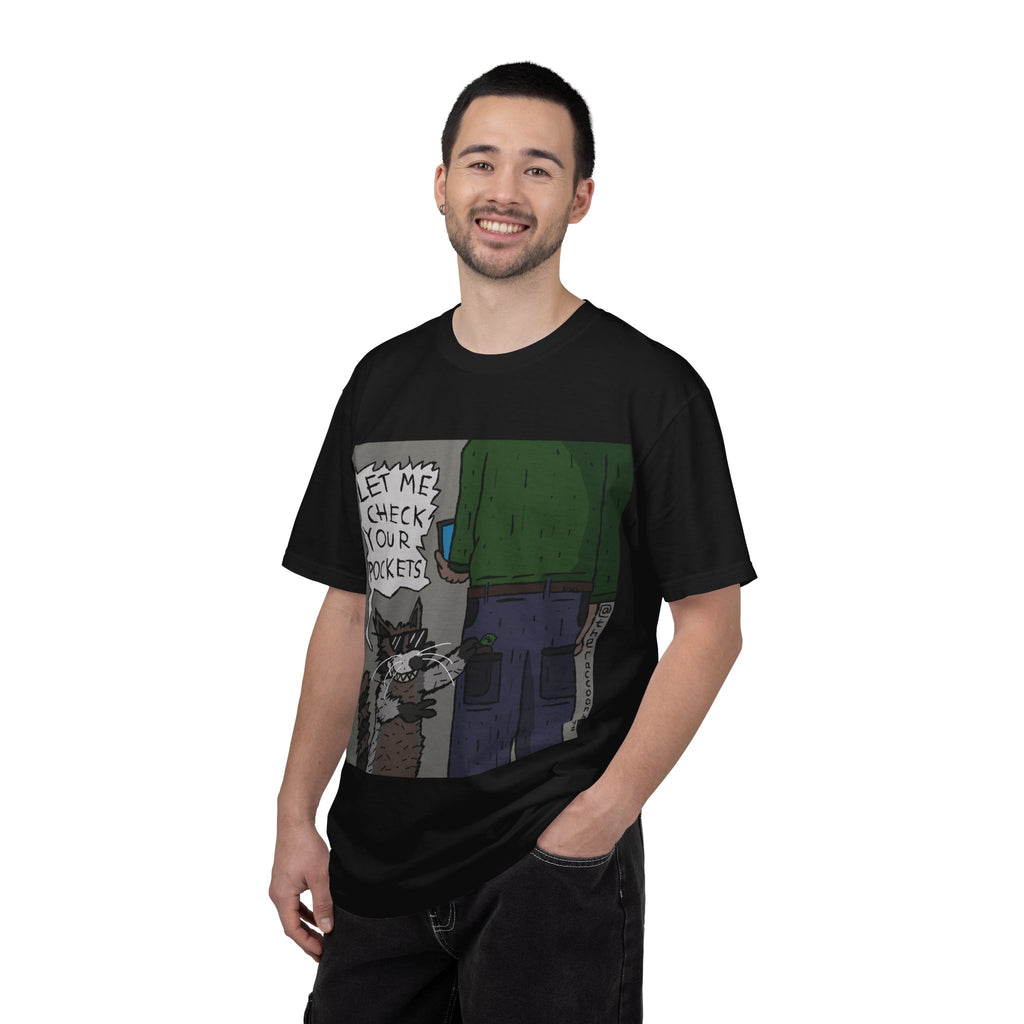 T-Shirt — Funny Racoon Cartoon Saying “Let Me Check Your Pockets” — Humorous Animal Graphic Tee