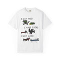 White t-shirt with graphic design and text on a white background
