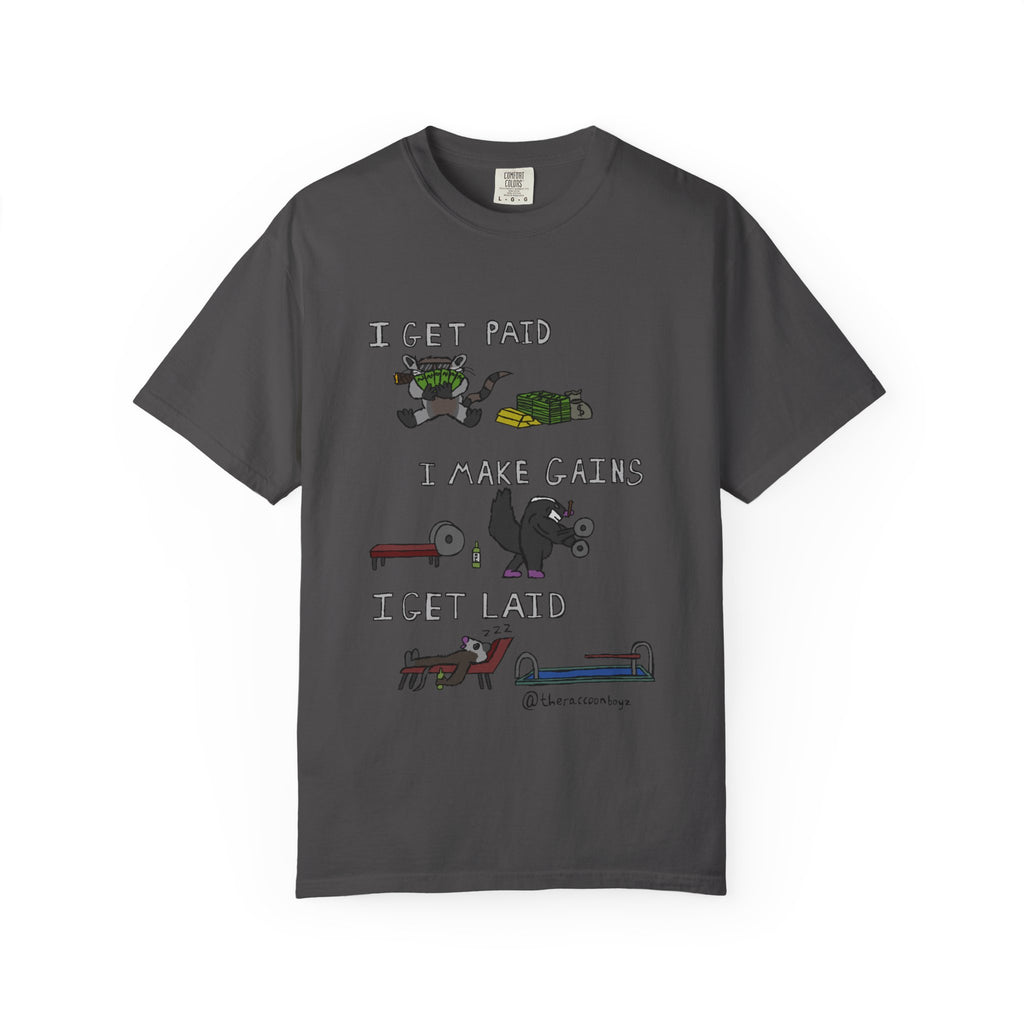 Gray t-shirt with graphic design and text on a white background