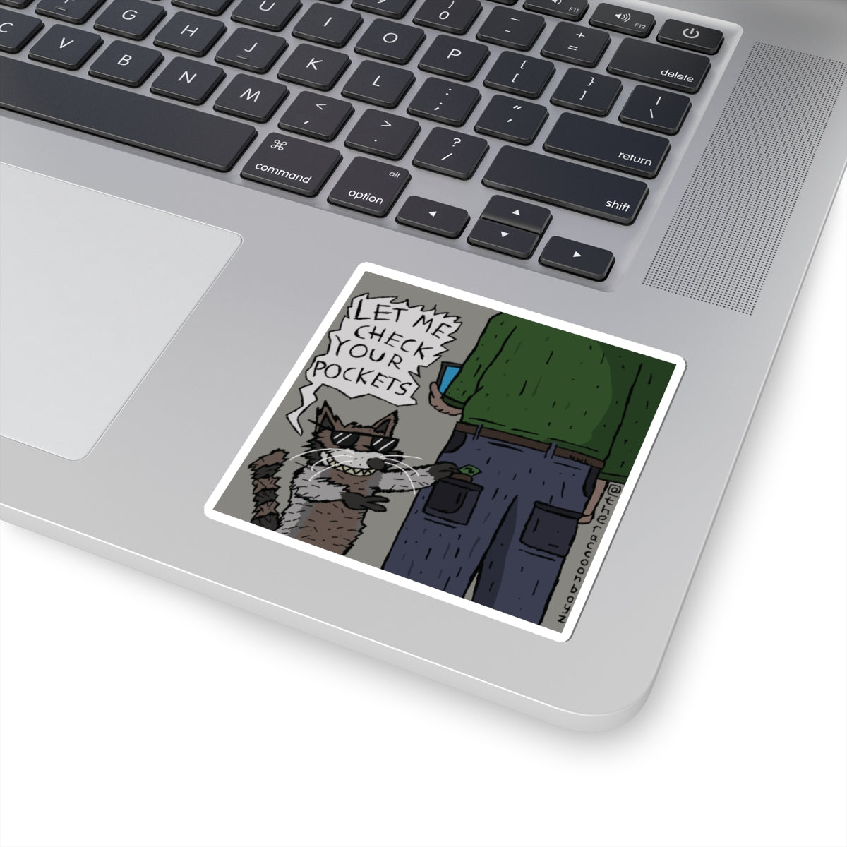 Raccoon Pocket-Pick Sticker — Funny "Let Me Check Your Pockets" Kiss-Cut Decal