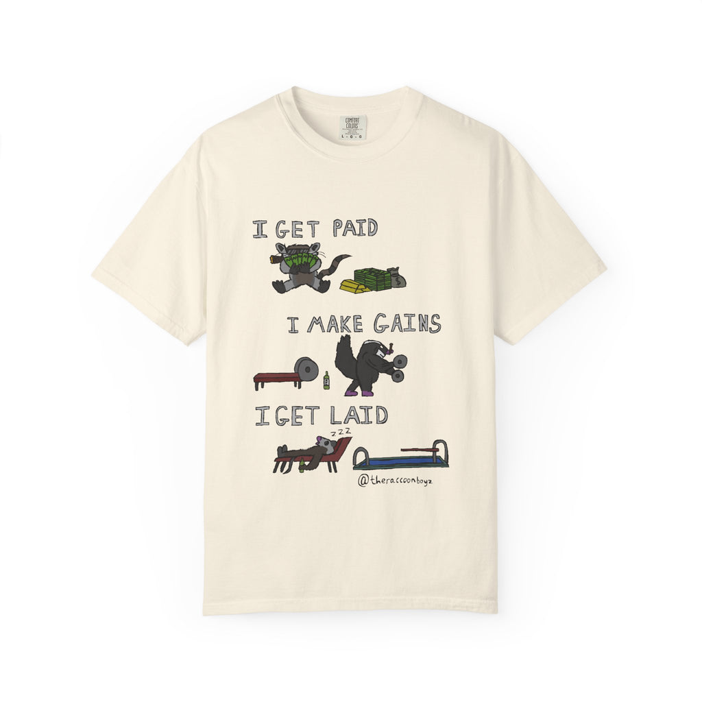 Beige t-shirt with graphic design and text on a white background